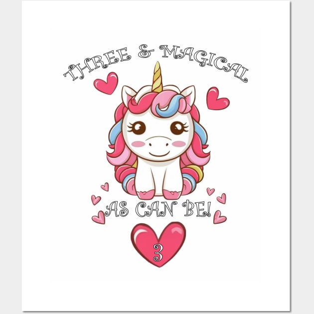 Kids 3 Year Old Cute Unicorn Birthday Wall Art by tamdevo1